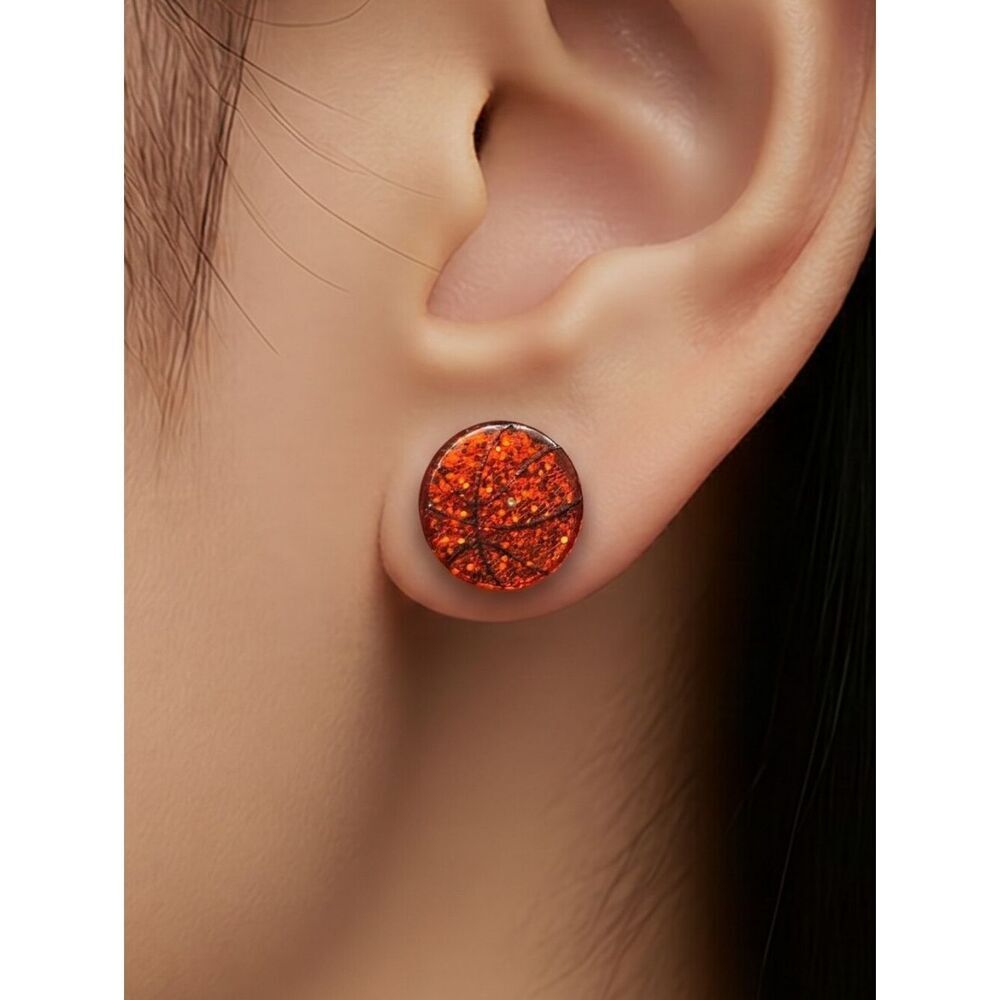 Basketball 🏀 Earrings Orange Glitter Acrylic Pierced Post Sport Mom Fan Jewelry